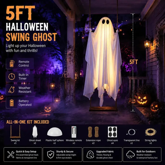 5FT Hanging Ghost Swing with Remote-Controlled Lights