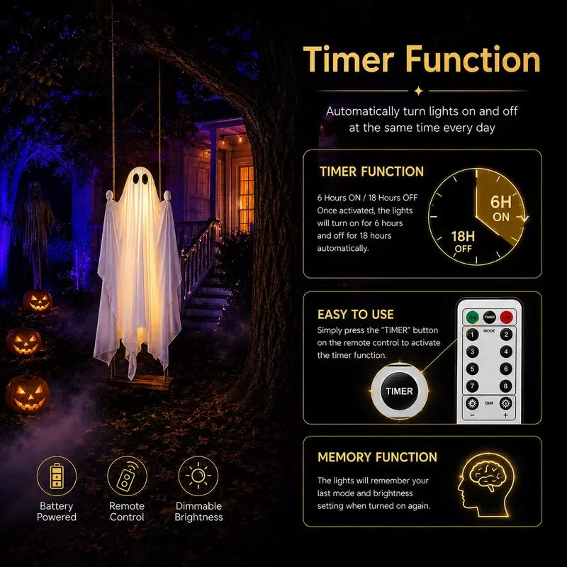 5FT Hanging Ghost Swing with Remote-Controlled Lights